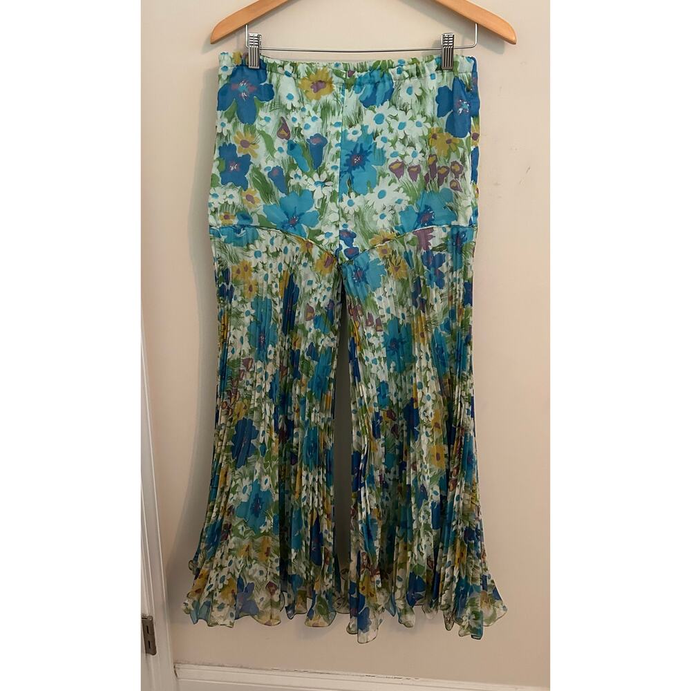 Vintage 60s 70s Floral Plissé Accordion Pleated Palazzo Pants, 28–30 Waist